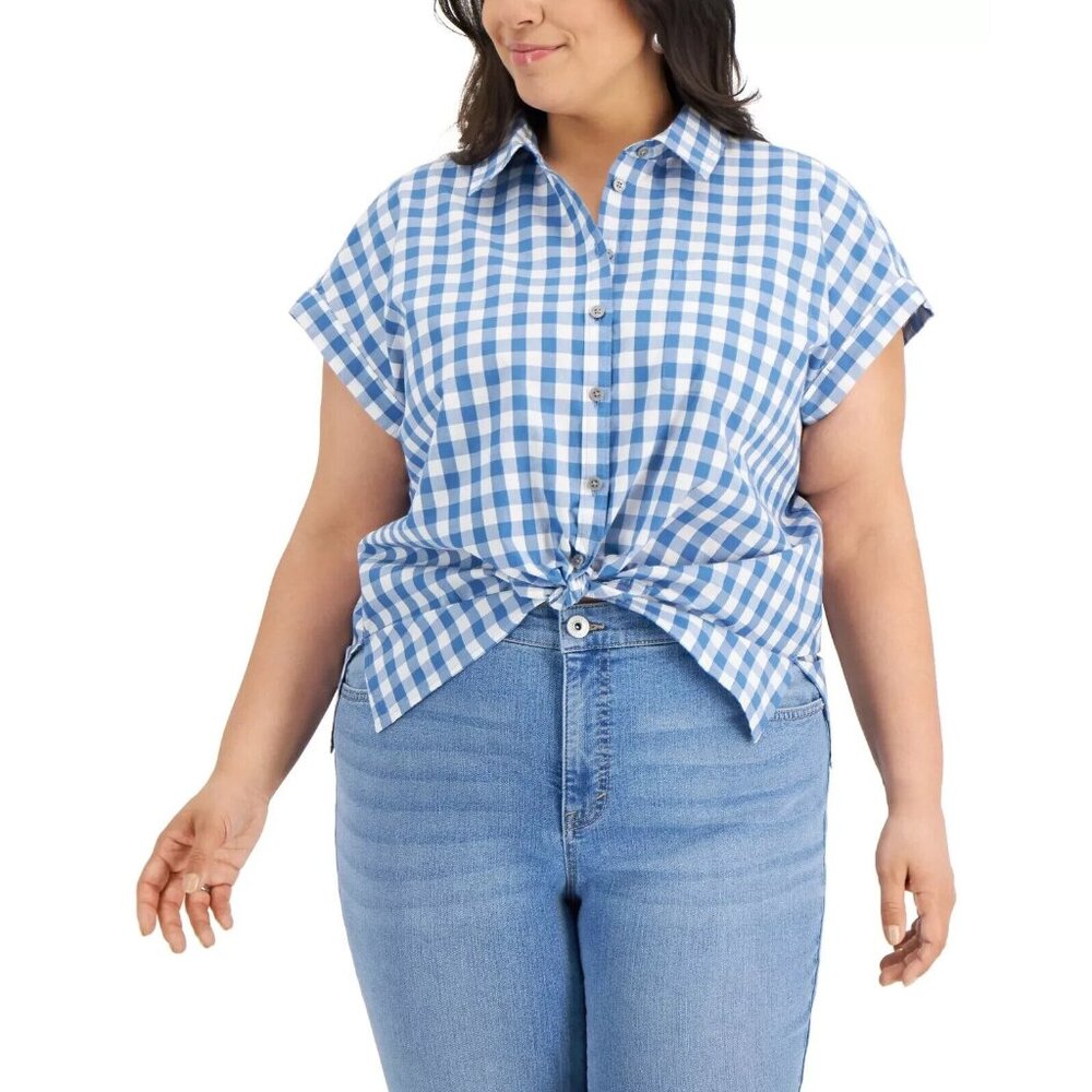 Style & Co Women's Plus Size 3X Gingham Cotton Camp Shirt NWT PM139AFA